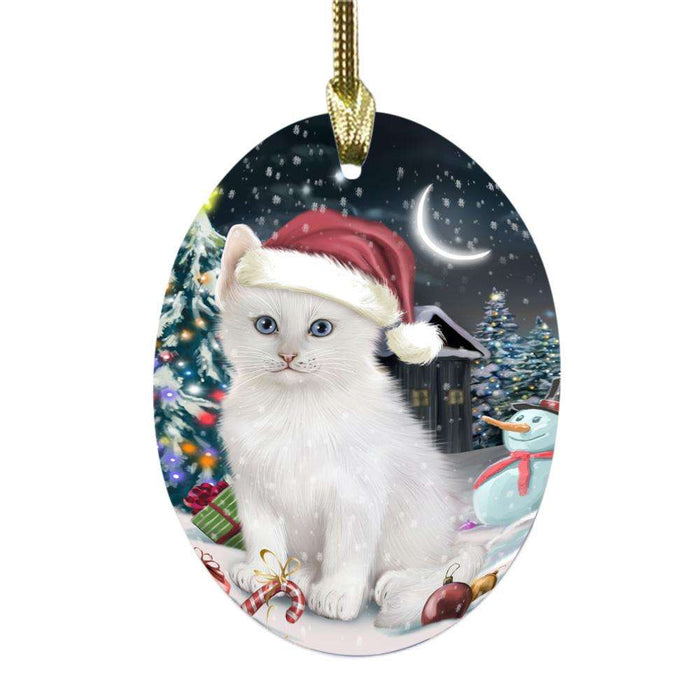 Have a Holly Jolly Christmas Happy Holidays Turkish Angora Cat Oval Glass Christmas Ornament OGOR48352