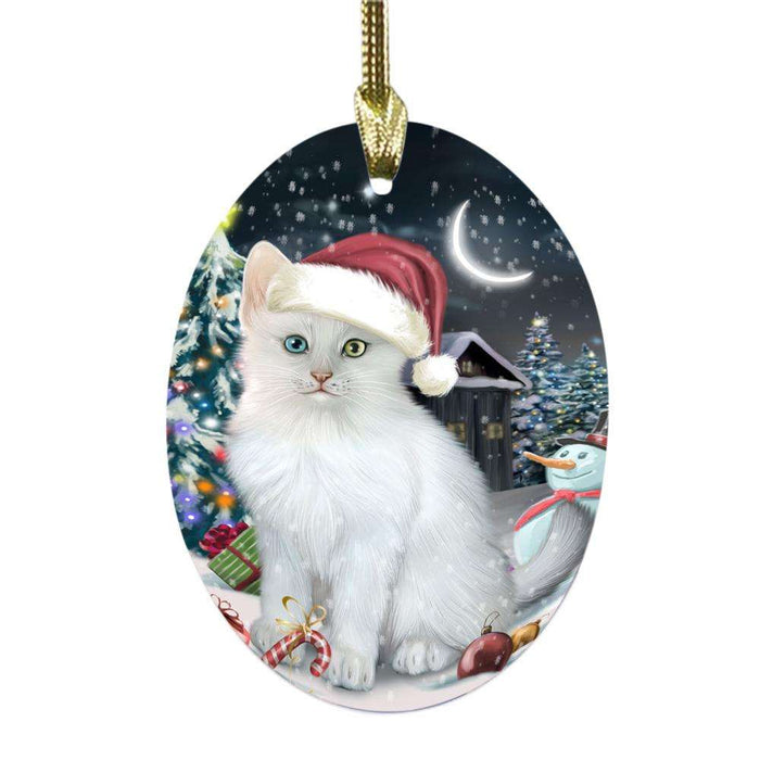 Have a Holly Jolly Christmas Happy Holidays Turkish Angora Cat Oval Glass Christmas Ornament OGOR48353