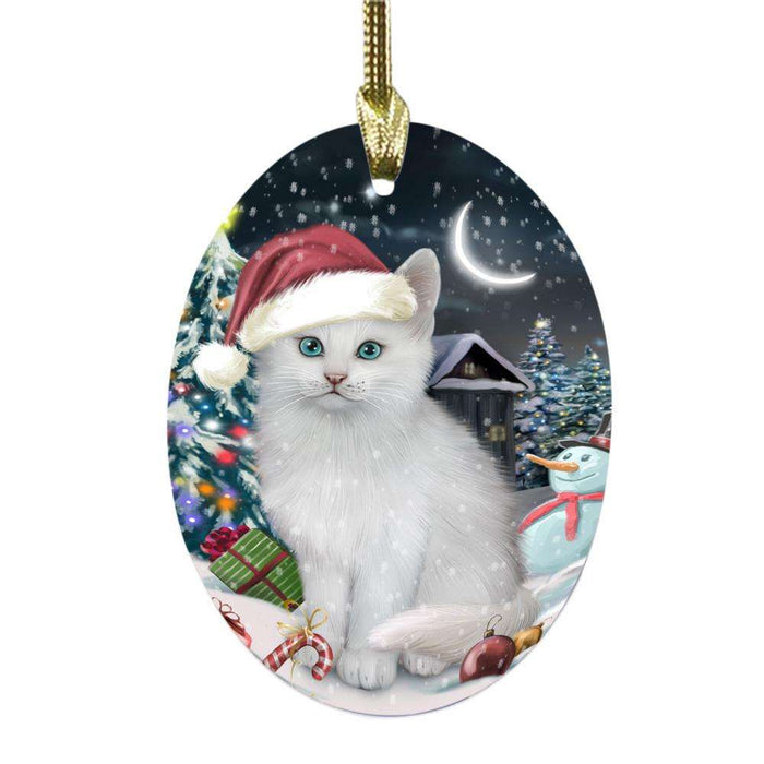 Have a Holly Jolly Christmas Happy Holidays Turkish Angora Cat Oval Glass Christmas Ornament OGOR48354