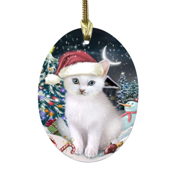 Have a Holly Jolly Christmas Happy Holidays Turkish Angora Cat Oval Glass Christmas Ornament OGOR48355