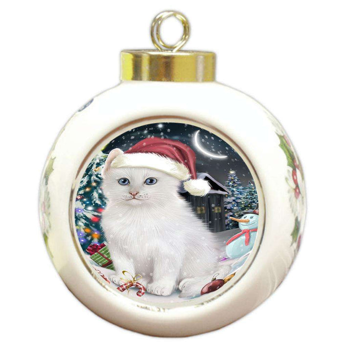 Have a Holly Jolly Christmas Happy Holidays Turkish Angora Cat Round Ball Christmas Ornament RBPOR54261