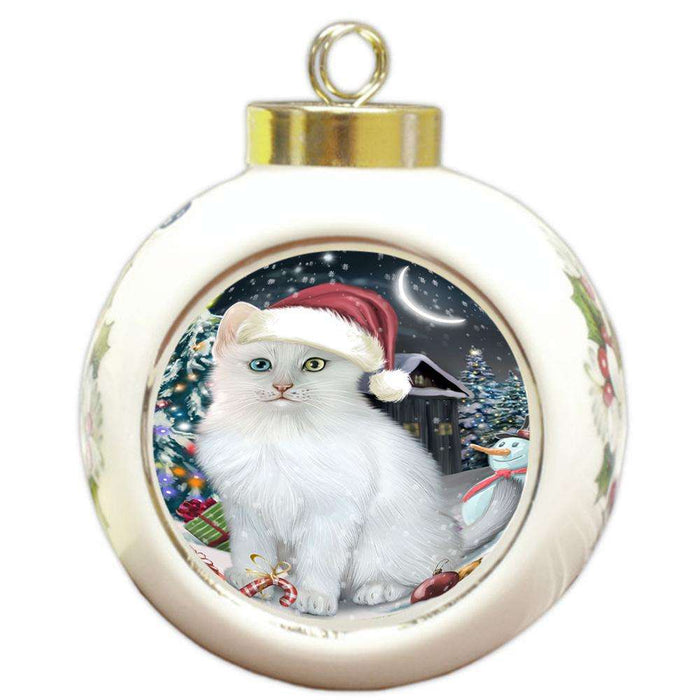 Have a Holly Jolly Christmas Happy Holidays Turkish Angora Cat Round Ball Christmas Ornament RBPOR54262