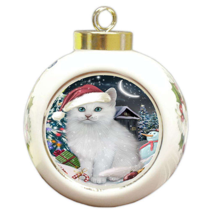 Have a Holly Jolly Christmas Happy Holidays Turkish Angora Cat Round Ball Christmas Ornament RBPOR54263