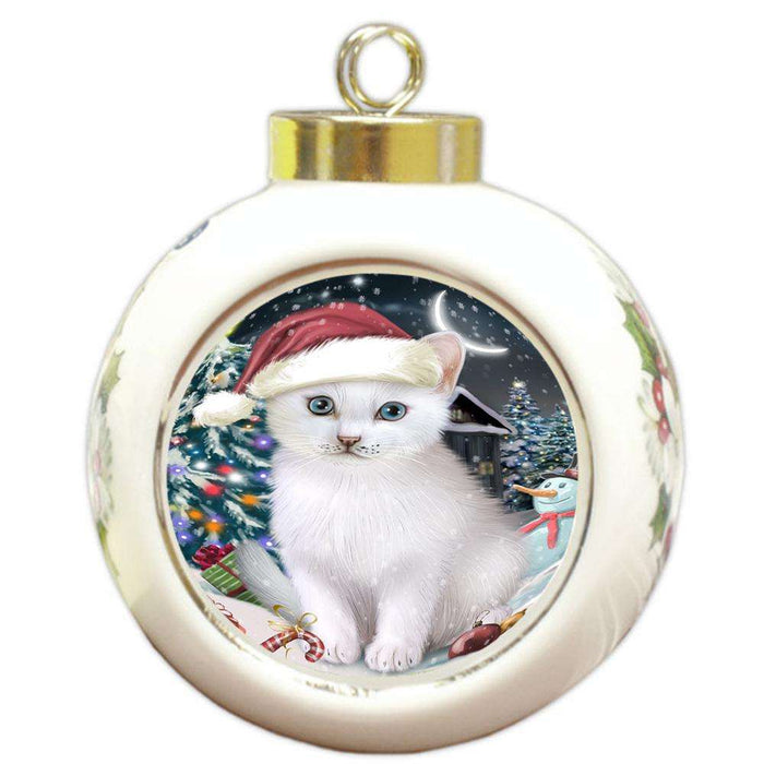 Have a Holly Jolly Christmas Happy Holidays Turkish Angora Cat Round Ball Christmas Ornament RBPOR54264