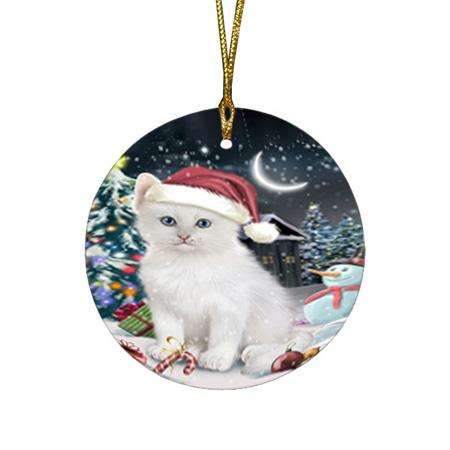 Have a Holly Jolly Christmas Happy Holidays Turkish Angora Cat Round Flat Christmas Ornament RFPOR54252