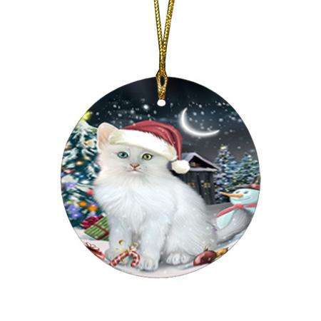 Have a Holly Jolly Christmas Happy Holidays Turkish Angora Cat Round Flat Christmas Ornament RFPOR54253
