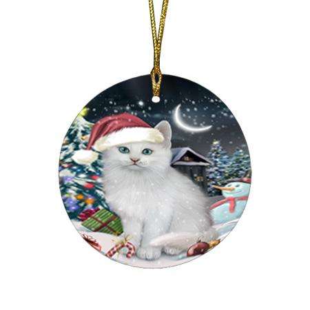 Have a Holly Jolly Christmas Happy Holidays Turkish Angora Cat Round Flat Christmas Ornament RFPOR54254