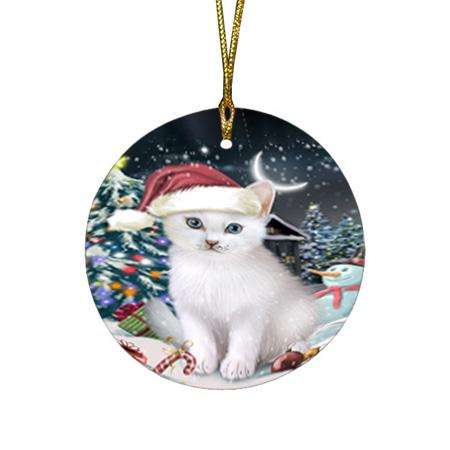 Have a Holly Jolly Christmas Happy Holidays Turkish Angora Cat Round Flat Christmas Ornament RFPOR54255