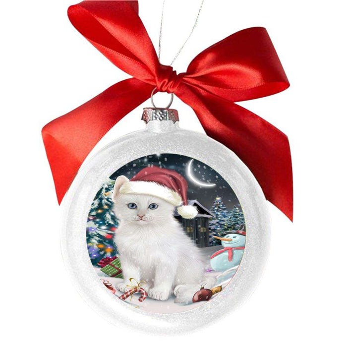 Have a Holly Jolly Christmas Happy Holidays Turkish Angora Cat White Round Ball Christmas Ornament WBSOR48352