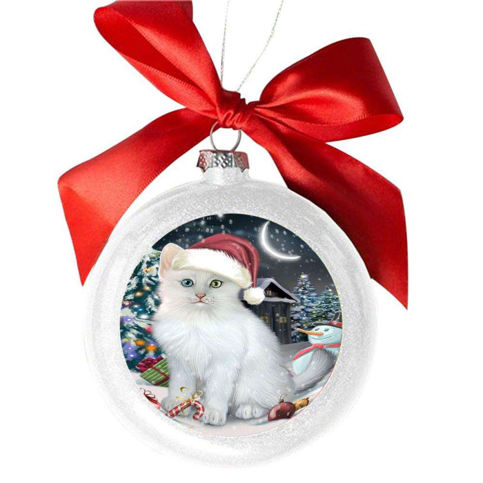 Have a Holly Jolly Christmas Happy Holidays Turkish Angora Cat White Round Ball Christmas Ornament WBSOR48353