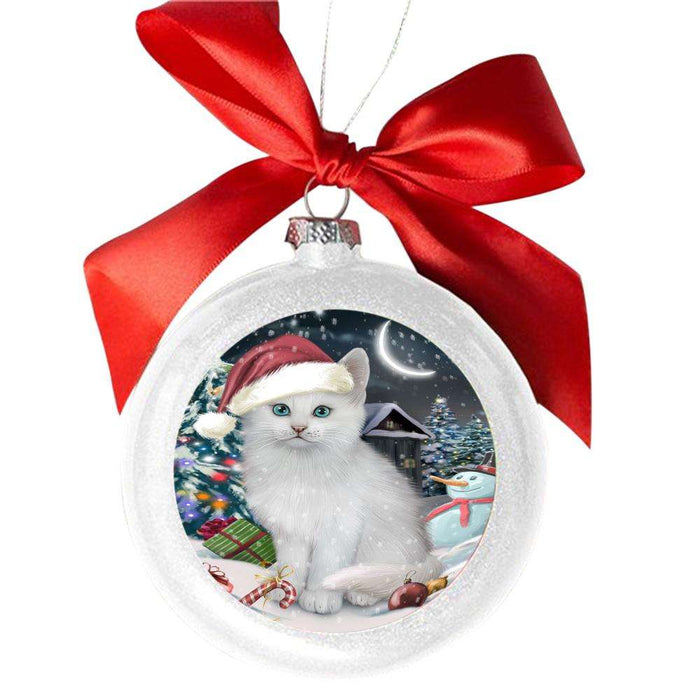 Have a Holly Jolly Christmas Happy Holidays Turkish Angora Cat White Round Ball Christmas Ornament WBSOR48354