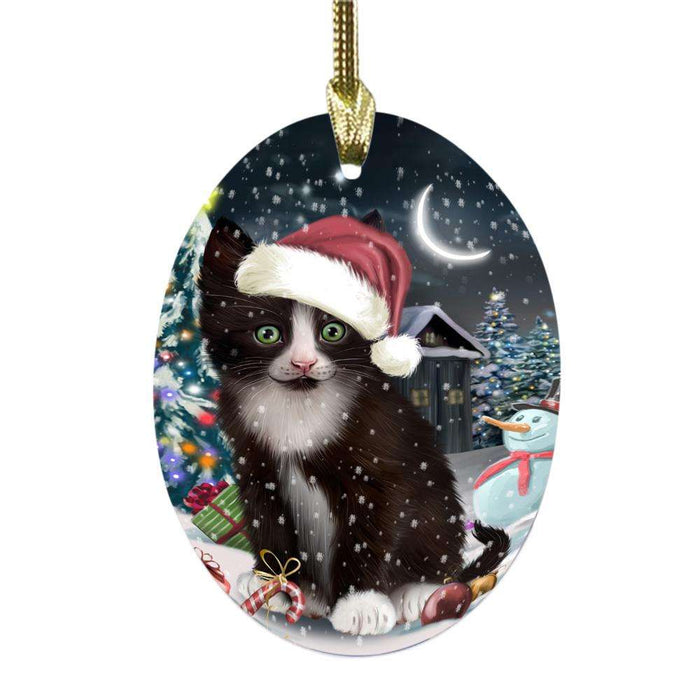 Have a Holly Jolly Christmas Happy Holidays Tuxedo Cat Oval Glass Christmas Ornament OGOR48356