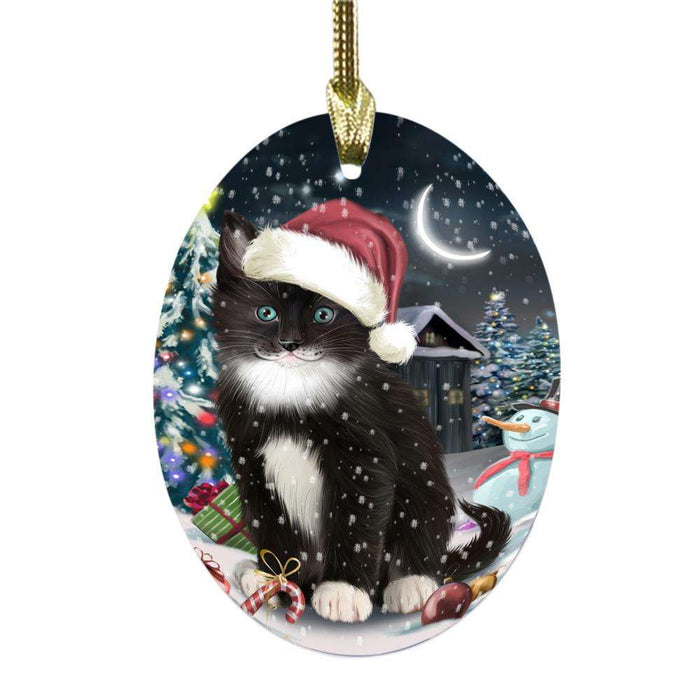 Have a Holly Jolly Christmas Happy Holidays Tuxedo Cat Oval Glass Christmas Ornament OGOR48357
