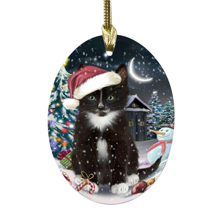 Have a Holly Jolly Christmas Happy Holidays Tuxedo Cat Oval Glass Christmas Ornament OGOR48358
