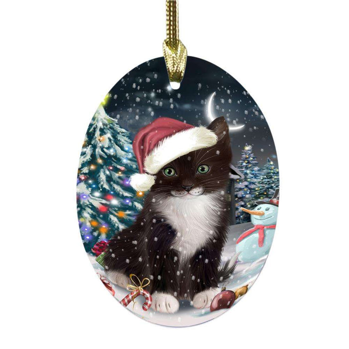 Have a Holly Jolly Christmas Happy Holidays Tuxedo Cat Oval Glass Christmas Ornament OGOR48359