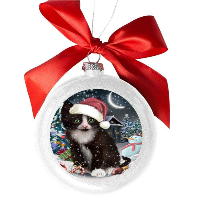 Have a Holly Jolly Christmas Happy Holidays Tuxedo Cat White Round Ball Christmas Ornament WBSOR48356