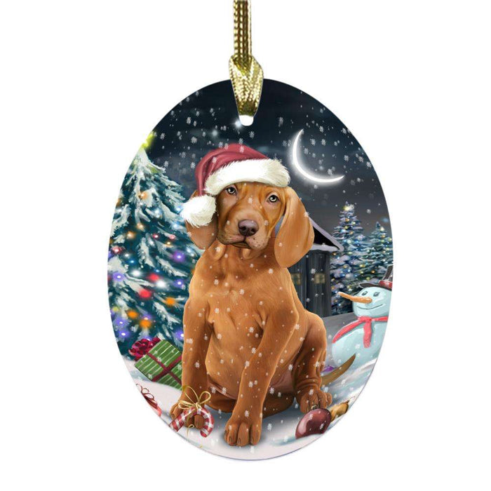 Have a Holly Jolly Christmas Happy Holidays Vizsla Dog Oval Glass Christmas Ornament OGOR48250