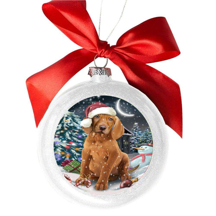 Have a Holly Jolly Christmas Happy Holidays Vizsla Dog White Round Ball Christmas Ornament WBSOR48250