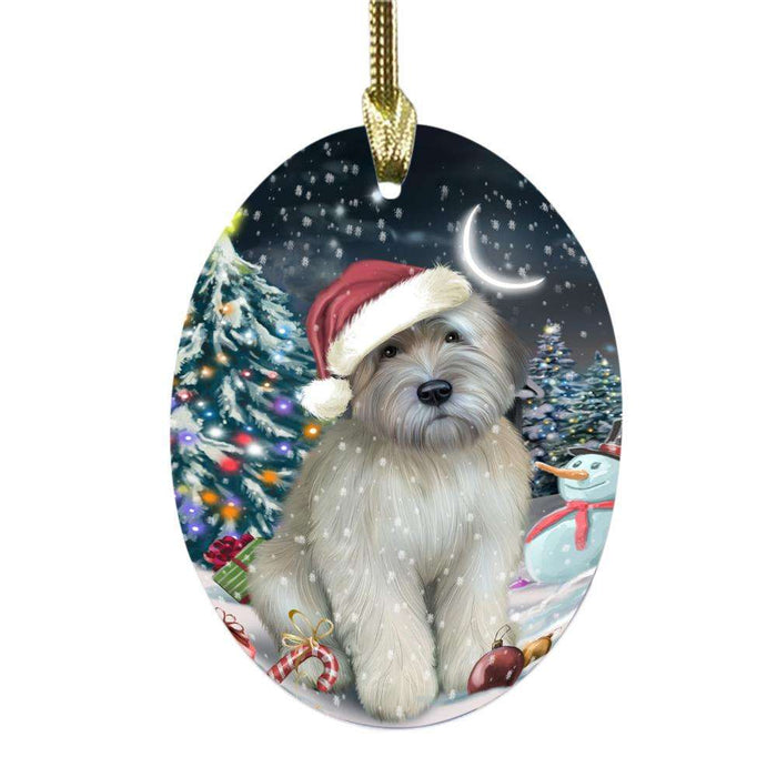 Have a Holly Jolly Christmas Happy Holidays Wheaten Terrier Dog Oval Glass Christmas Ornament OGOR48360