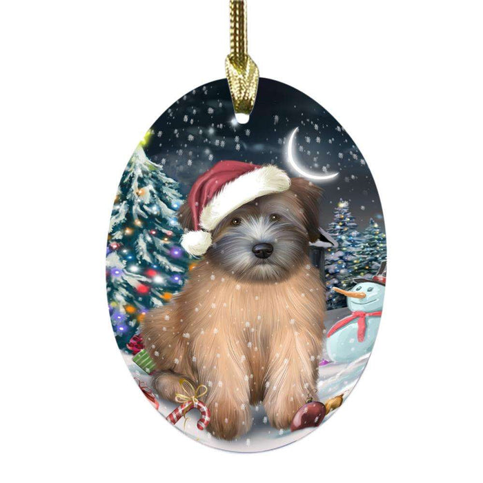 Have a Holly Jolly Christmas Happy Holidays Wheaten Terrier Dog Oval Glass Christmas Ornament OGOR48361