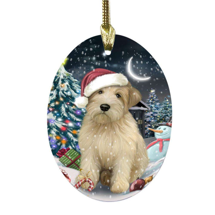 Have a Holly Jolly Christmas Happy Holidays Wheaten Terrier Dog Oval Glass Christmas Ornament OGOR48363