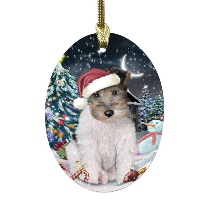Have a Holly Jolly Christmas Happy Holidays Wire Fox Terrier Dog Oval Glass Christmas Ornament OGOR48367