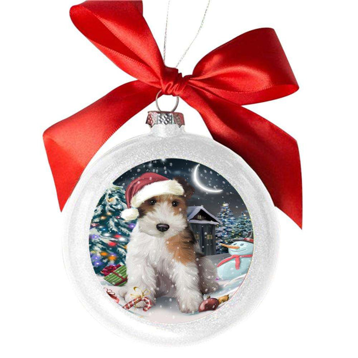 Have a Holly Jolly Christmas Happy Holidays Wire Fox Terrier Dog White Round Ball Christmas Ornament WBSOR48364