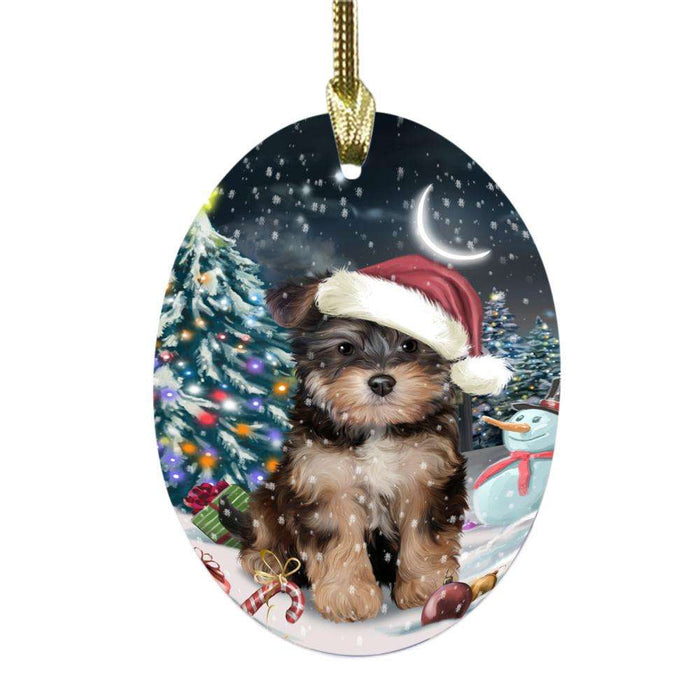 Have a Holly Jolly Christmas Happy Holidays Yorkipoo Dog Oval Glass Christmas Ornament OGOR48368