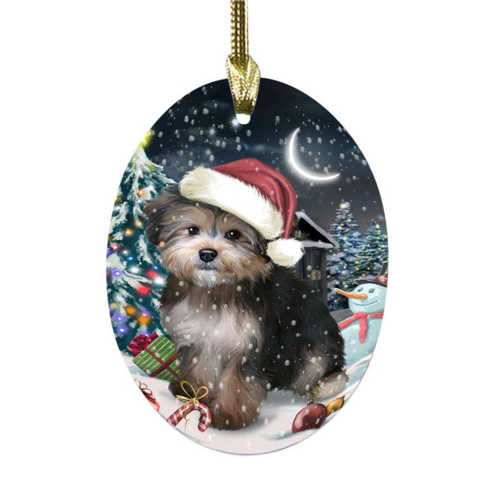 Have a Holly Jolly Christmas Happy Holidays Yorkipoo Dog Oval Glass Christmas Ornament OGOR48369