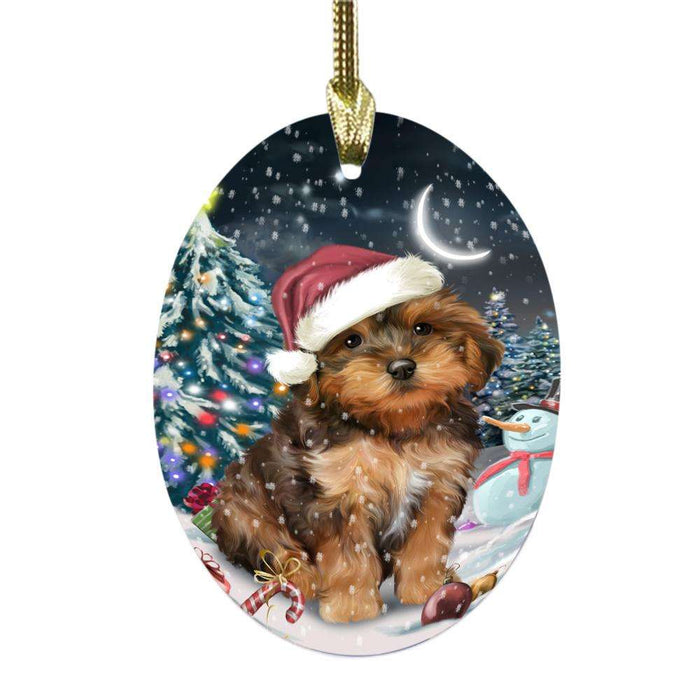 Have a Holly Jolly Christmas Happy Holidays Yorkipoo Dog Oval Glass Christmas Ornament OGOR48370