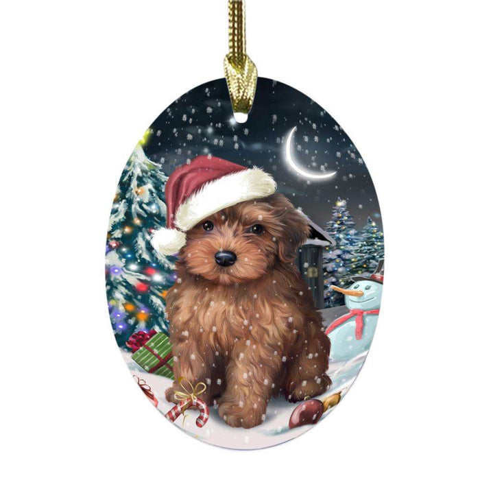 Have a Holly Jolly Christmas Happy Holidays Yorkipoo Dog Oval Glass Christmas Ornament OGOR48371