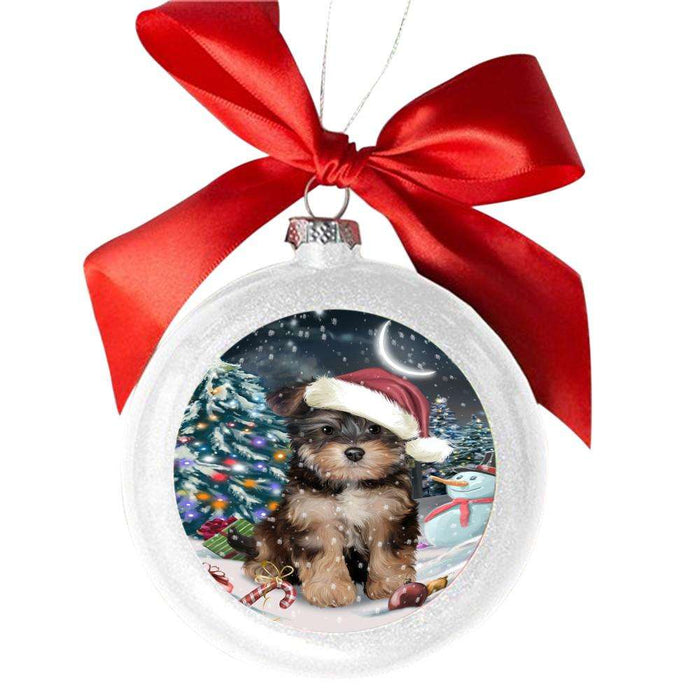 Have a Holly Jolly Christmas Happy Holidays Yorkipoo Dog White Round Ball Christmas Ornament WBSOR48368