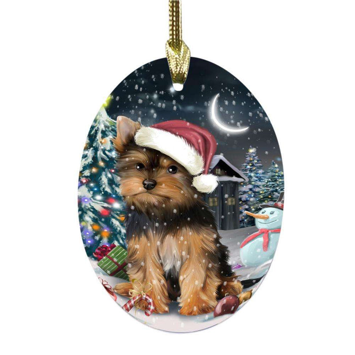 Have a Holly Jolly Christmas Happy Holidays Yorkshire Terrier Dog Oval Glass Christmas Ornament OGOR48260