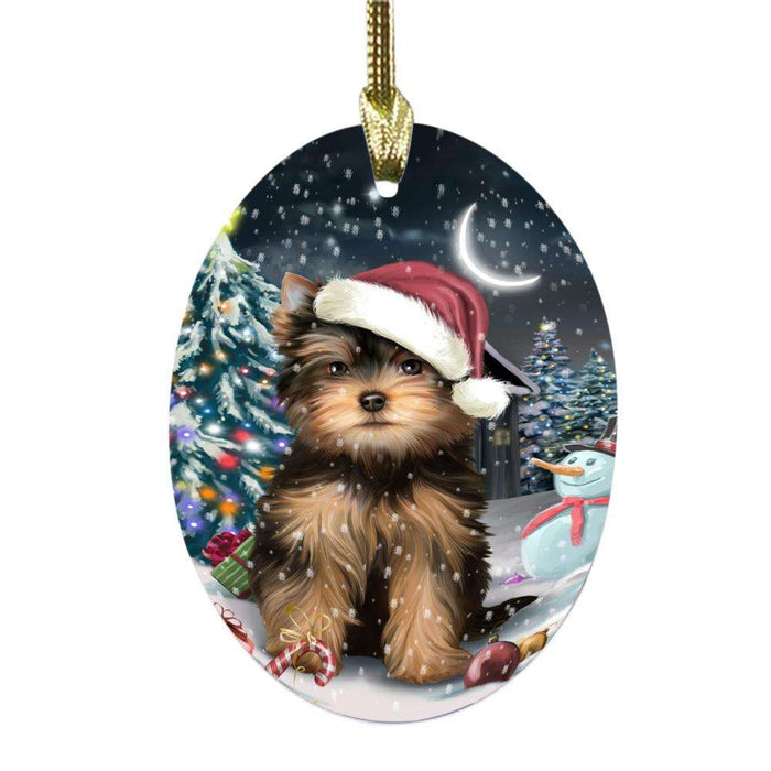 Have a Holly Jolly Christmas Happy Holidays Yorkshire Terrier Dog Oval Glass Christmas Ornament OGOR48261