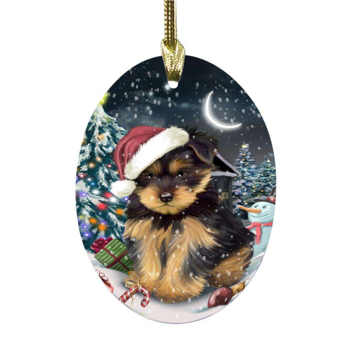 Have a Holly Jolly Christmas Happy Holidays Yorkshire Terrier Dog Oval Glass Christmas Ornament OGOR48262