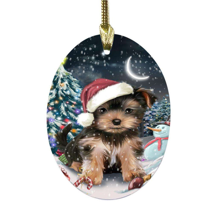 Have a Holly Jolly Christmas Happy Holidays Yorkshire Terrier Dog Oval Glass Christmas Ornament OGOR48263