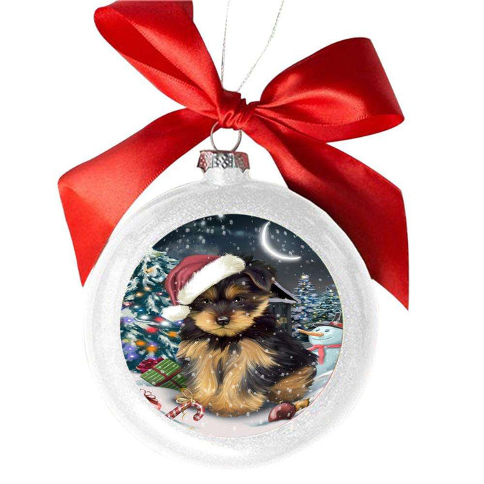 Have a Holly Jolly Christmas Happy Holidays Yorkshire Terrier Dog White Round Ball Christmas Ornament WBSOR48262