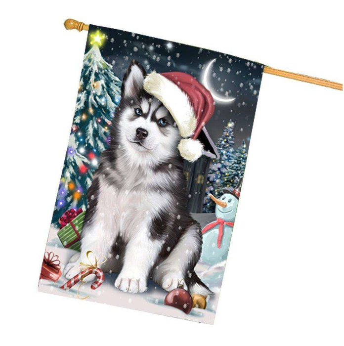 Have a Holly Jolly Christmas Husky Dog in Holiday Background House Flag