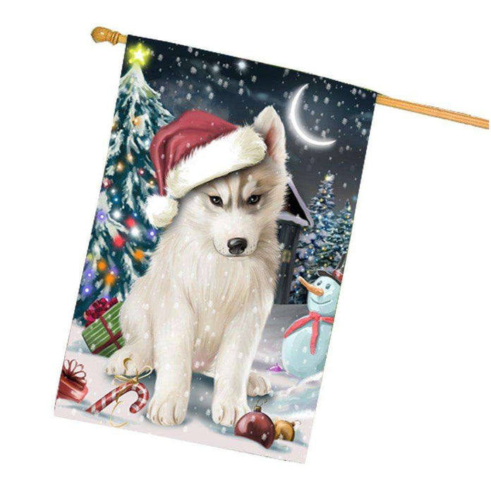 Have a Holly Jolly Christmas Husky Dog in Holiday Background House Flag