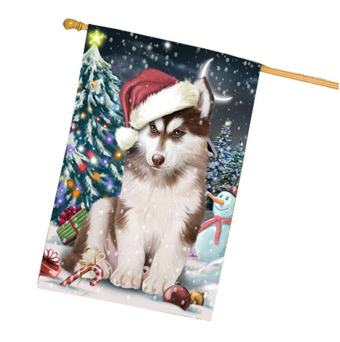 Have a Holly Jolly Christmas Husky Dog in Holiday Background House Flag
