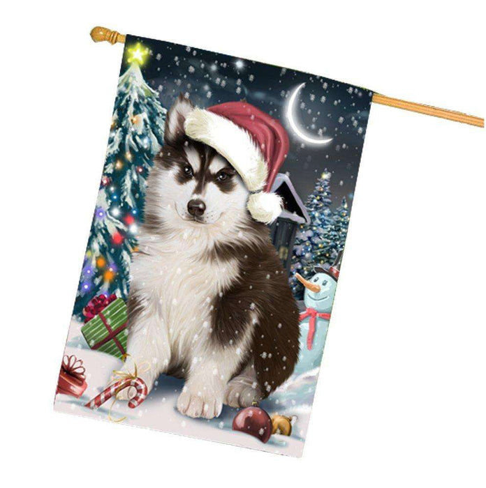 Have a Holly Jolly Christmas Husky Dog in Holiday Background House Flag