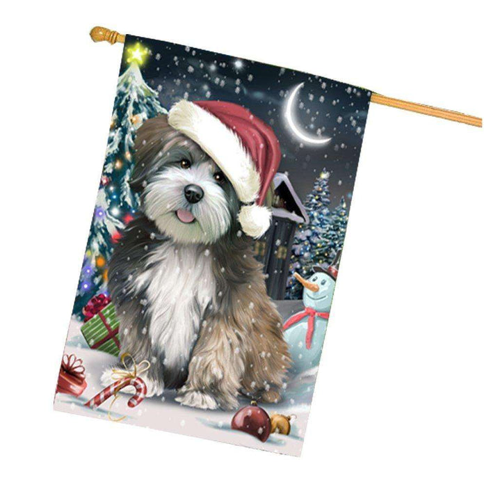 Have a Holly Jolly Christmas Lhasa Apso Dog in Holiday Background House Flag