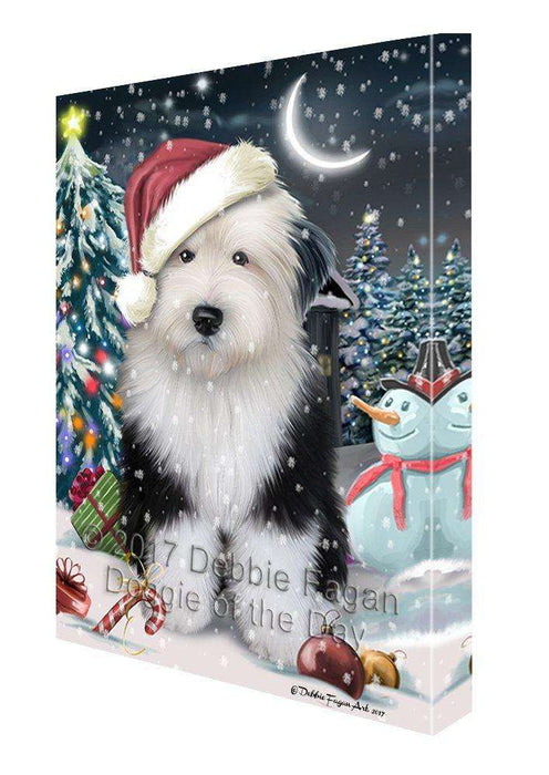 Have a Holly Jolly Christmas Old English Sheepdog Dog in Holiday Background Canvas Wall Art D190