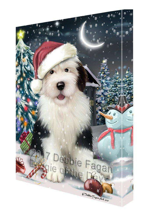 Have a Holly Jolly Christmas Old English Sheepdog Dog in Holiday Background Canvas Wall Art D192