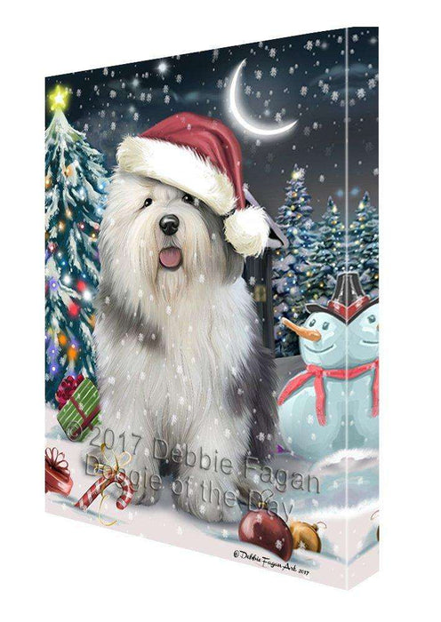 Have a Holly Jolly Christmas Old English Sheepdog Dog in Holiday Background Canvas Wall Art D193