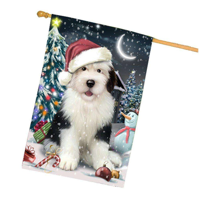Have a Holly Jolly Christmas Old English Sheepdog Dog in Holiday Background House Flag