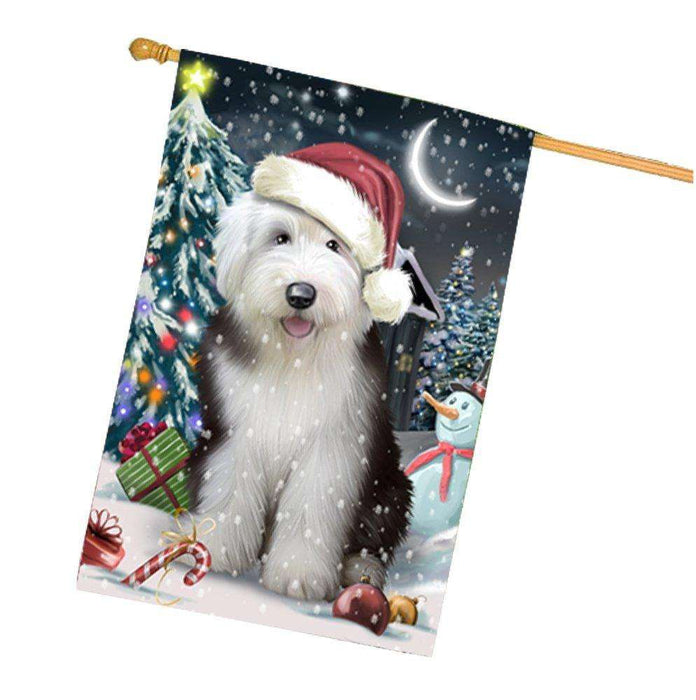 Have a Holly Jolly Christmas Old English Sheepdog Dog in Holiday Background House Flag