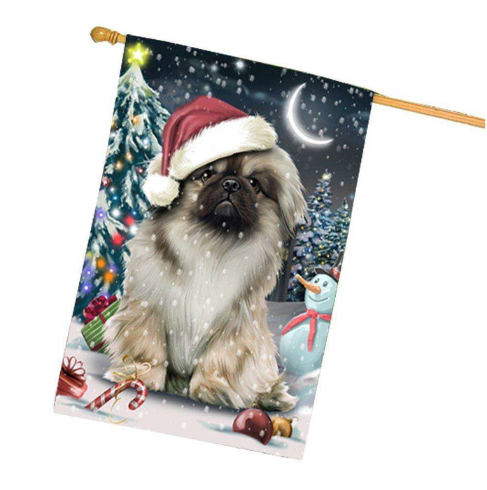 Have a Holly Jolly Christmas Pekingese Dog in Holiday Background House Flag