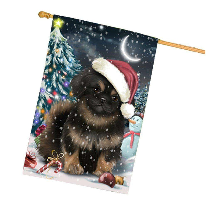 Have a Holly Jolly Christmas Pekingese Dog in Holiday Background House Flag