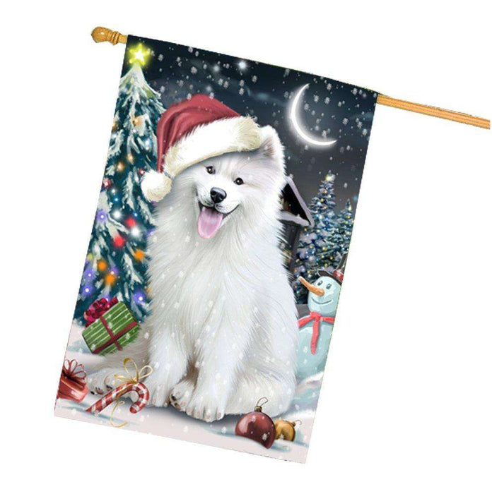 Have a Holly Jolly Christmas Samoyed Dog in Holiday Background House Flag